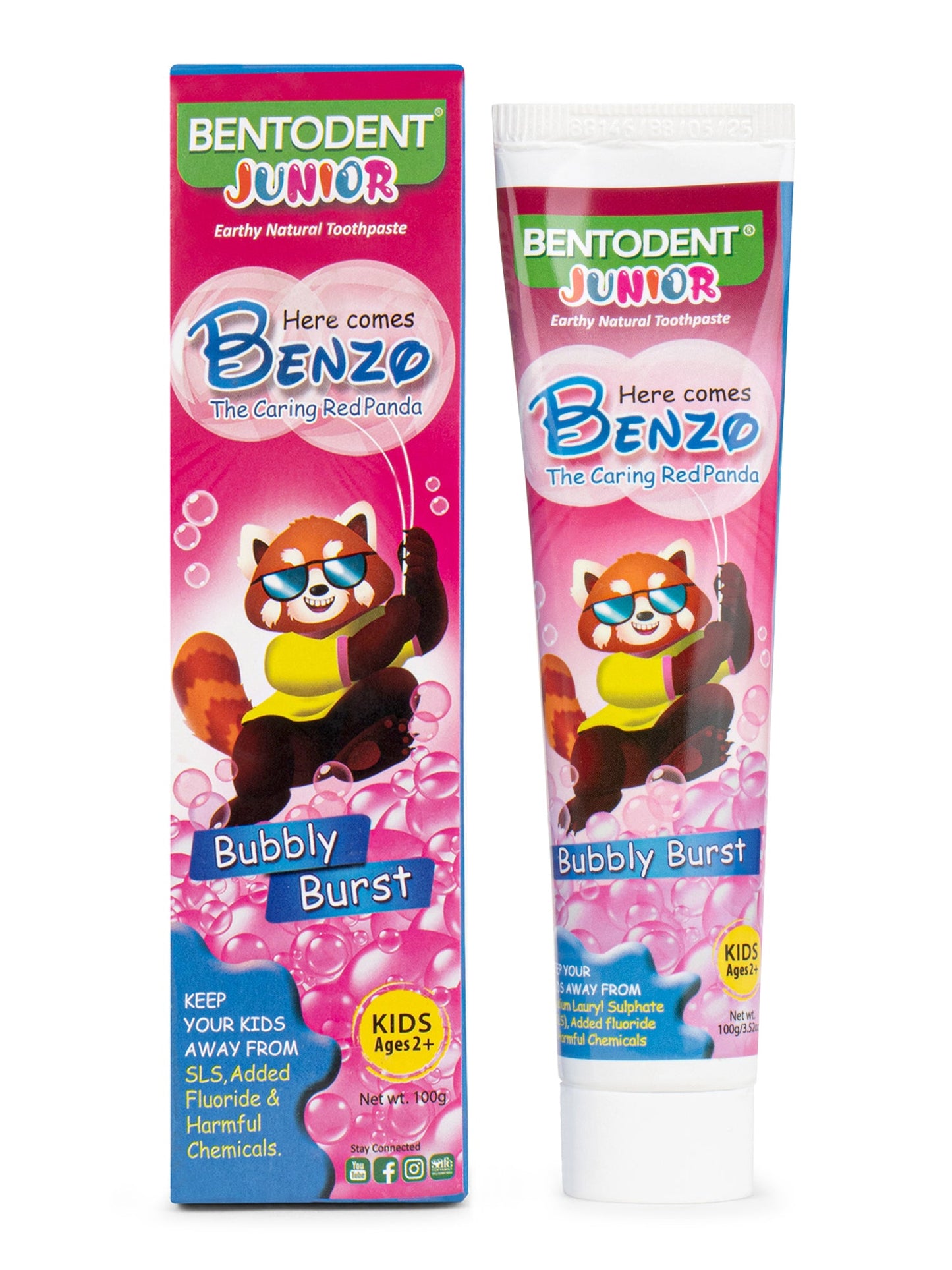 Bentodent 100% Natural Kids Bubble Gum twin Toothpaste Pack, Fluoride Free, Sls Free, Complete oral care protection for kids 2+ years ,100g each - Indian Dental Organization