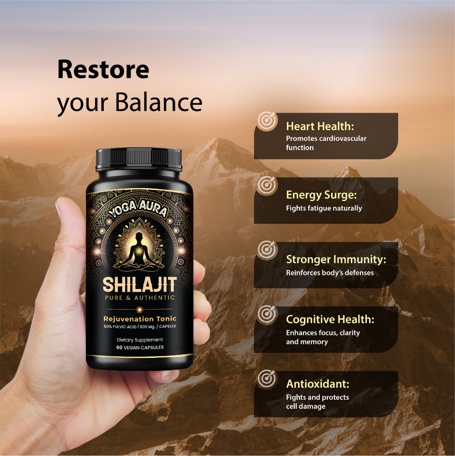 Yoga Aura 100% Pure Shilajit – 500 mg, 50% Fulvic Acid | Lab-Tested with COA | Canada & USA