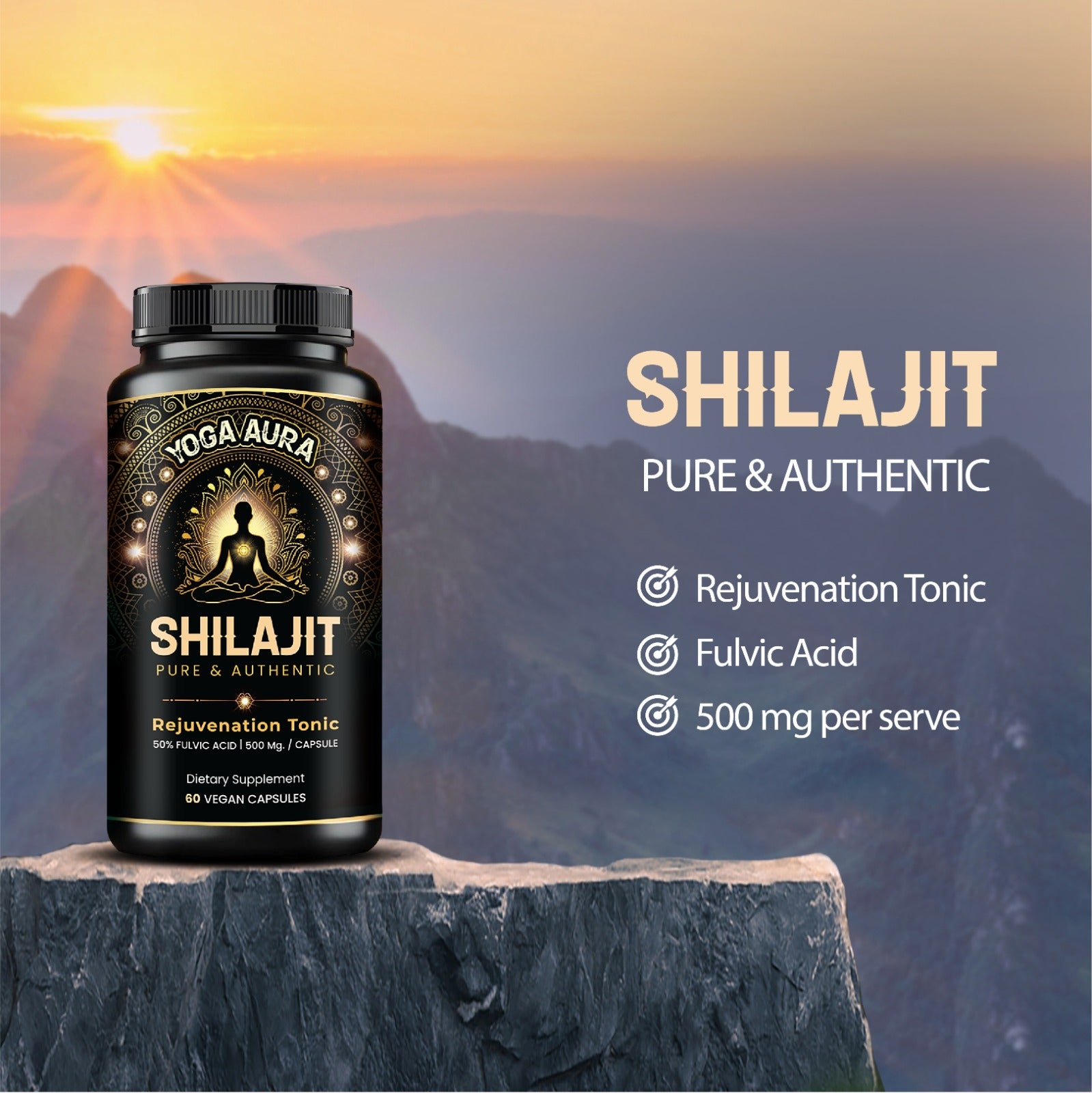 Yoga Aura 100% Pure Shilajit – 500 mg, 50% Fulvic Acid | Lab-Tested with COA | Canada & USA