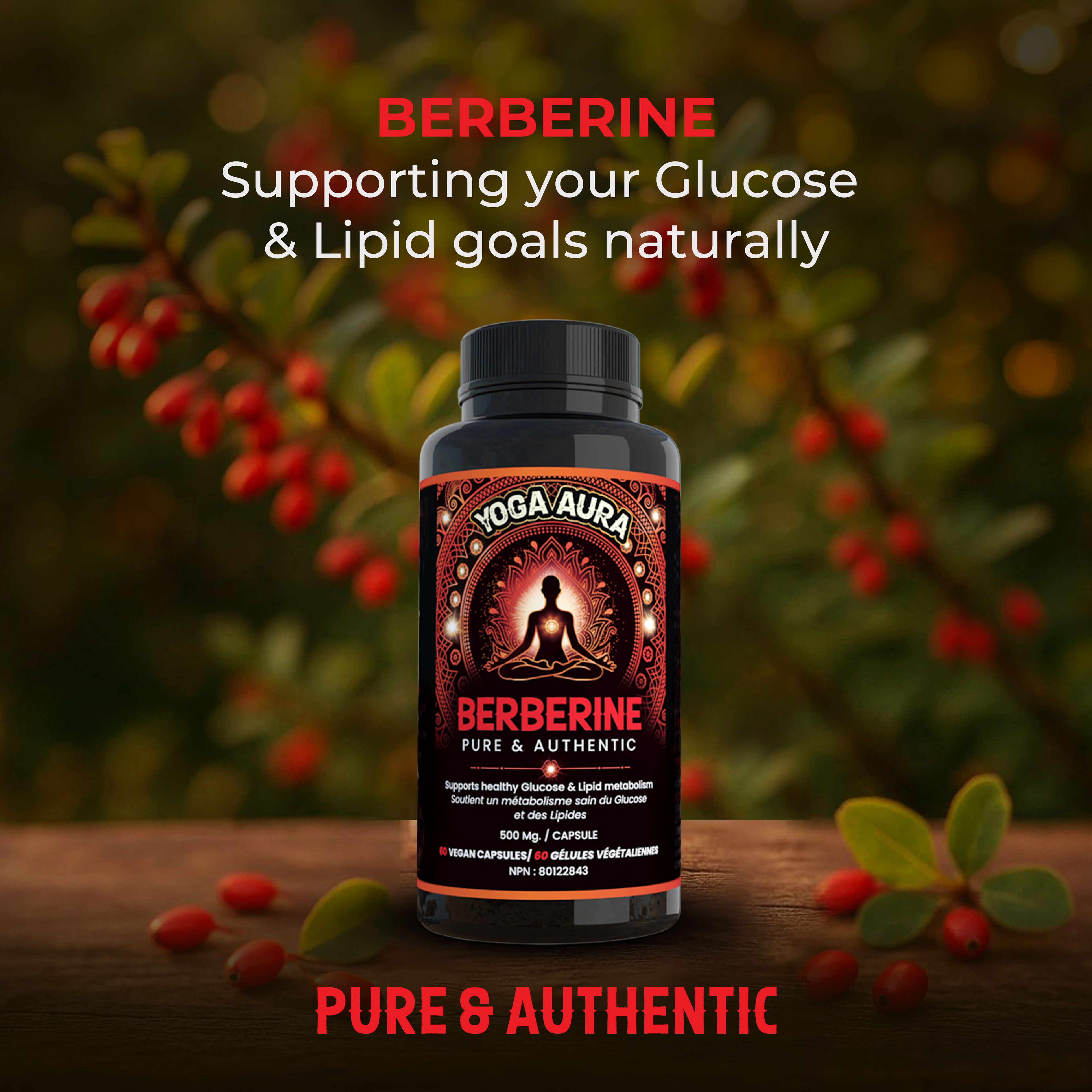 Yoga Aura 100% Pure Berberine – 500 mg of clinically studied berberine HCl, Lab tested, non-GMO & vegan