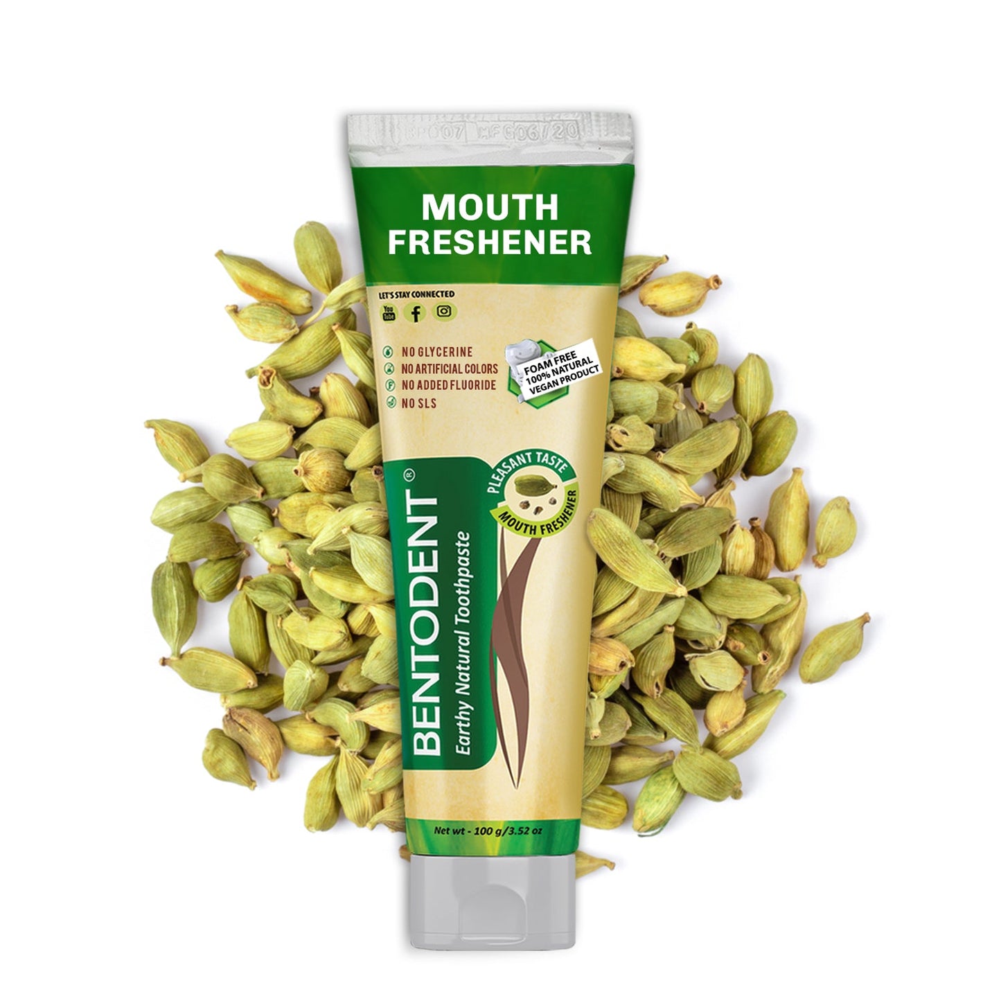 Bentodent Calcium Bentonite Clay Toothpaste - Cardamom -Natural,Fluoride Free, Vegan, Travel- 100 gm