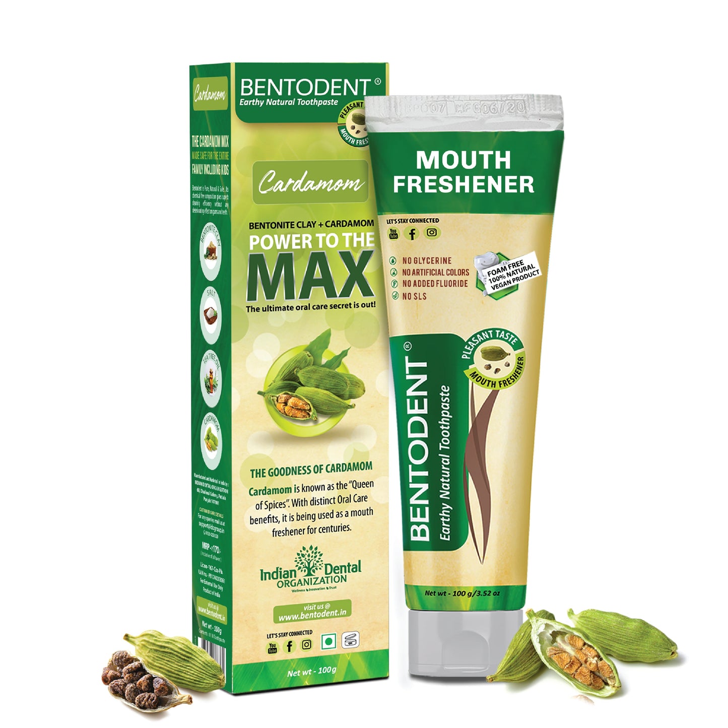 Bentodent Calcium Bentonite Clay Toothpaste - Cardamom -Natural,Fluoride Free, Vegan, Travel- 100 gm
