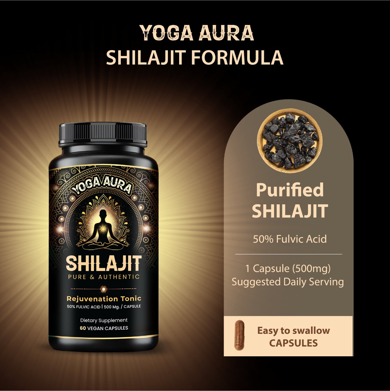 Yoga Aura 100% Pure Shilajit – 500 mg, 50% Fulvic Acid | Lab-Tested with COA | Canada & USA