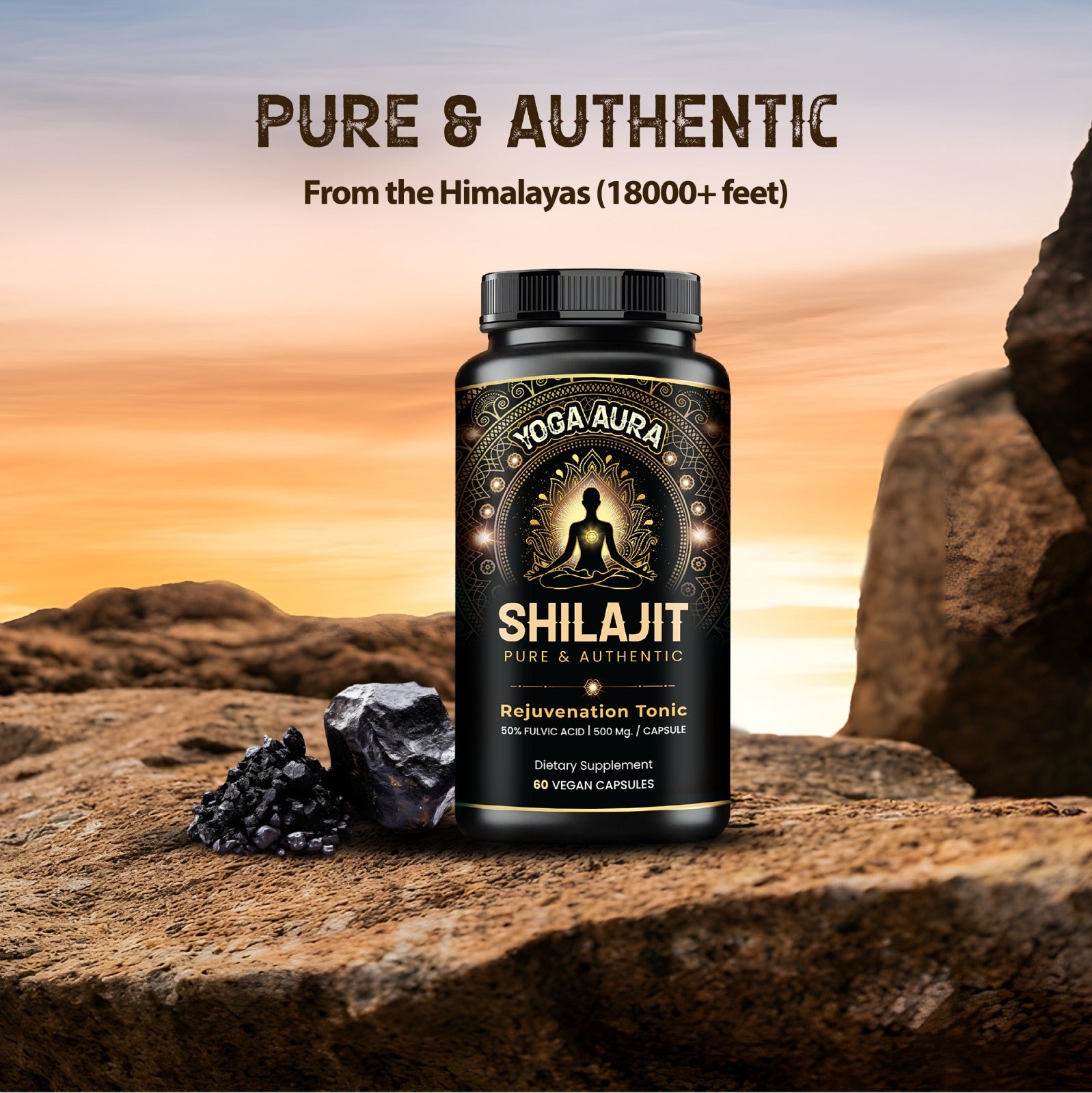 Yoga Aura 100% Pure Shilajit – 500 mg, 50% Fulvic Acid | Lab-Tested with COA | Canada & USA