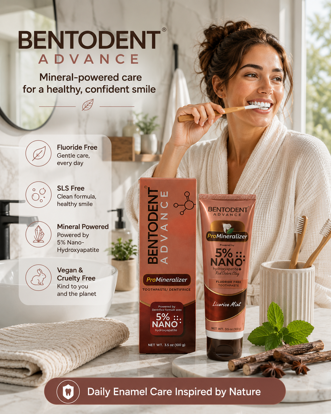 BENTODENT® Advance Mineral Toothpaste, 5% Nano Hydroxyapatite with Red Ochre Clay, Teeth Whitening, Licorice Mint, 100g