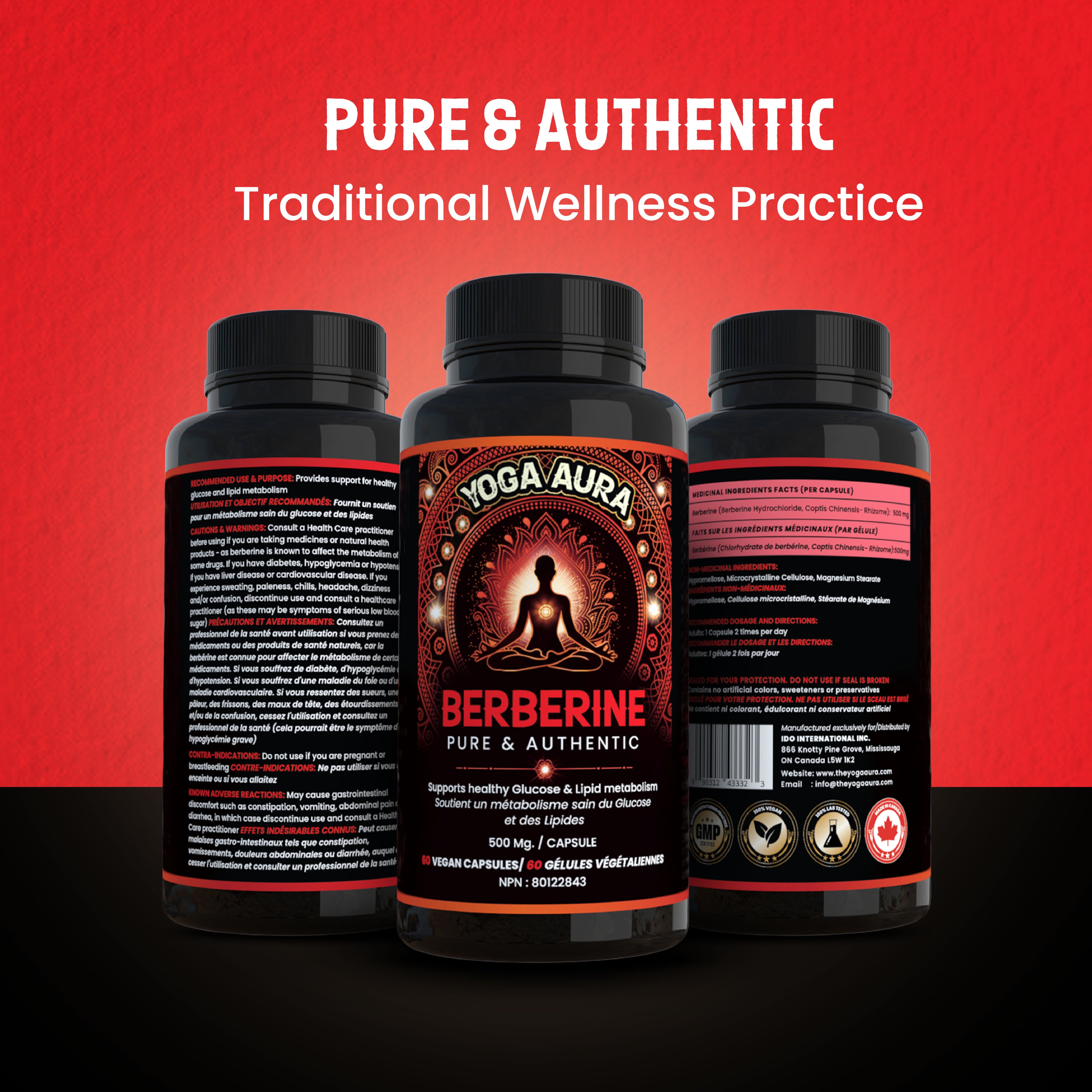 Yoga Aura 100% Pure Berberine – 500 mg of clinically studied berberine HCl, Lab tested, non-GMO & vegan
