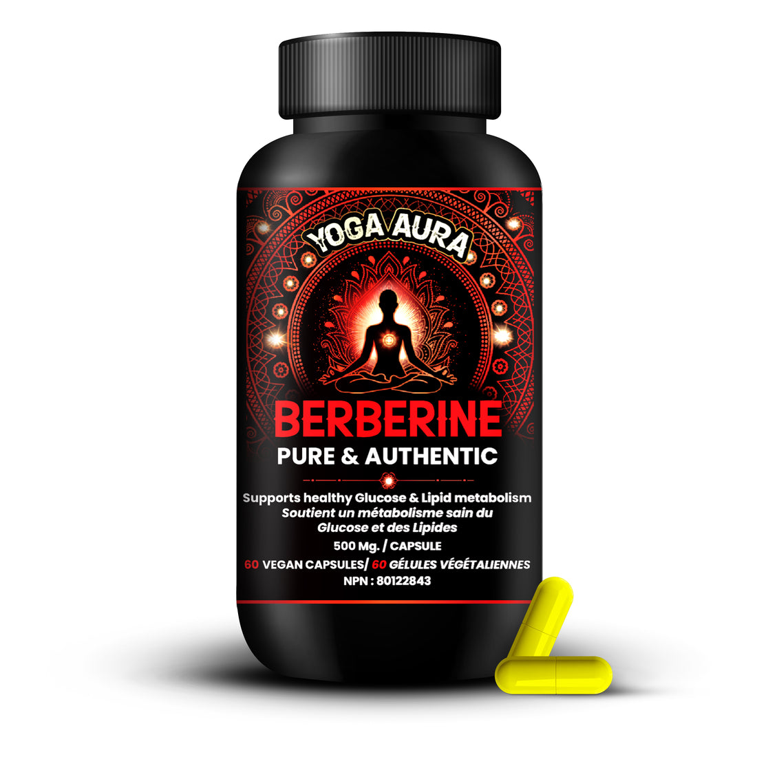 Yoga Aura 100% Pure Berberine – 500 mg of clinically studied berberine HCl, Lab tested, non-GMO &amp; vegan