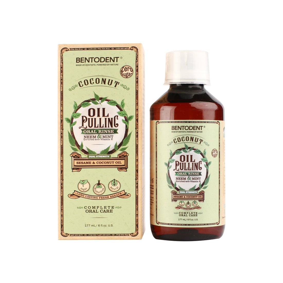 Bentodent Coconut Oil Pulling, Powerful Neem &amp; Mint, Dual Strength of Sesame &amp; Coconut Oil, Oil Pulling rinse for teeth &amp; gums, Zero Sugar &amp; No Alcohol mouthwash for Fresh Breath &amp; Whitening,6 fl. oz.
