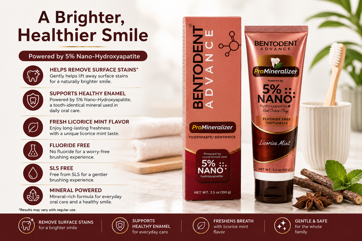 BENTODENT® Advance Mineral Toothpaste, 5% Nano Hydroxyapatite with Red Ochre Clay, Teeth Whitening, Licorice Mint, 100g
