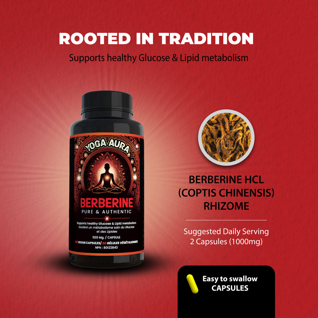 Yoga Aura 100% Pure Berberine – 500 mg of clinically studied berberine HCl, Lab tested, non-GMO &amp; vegan