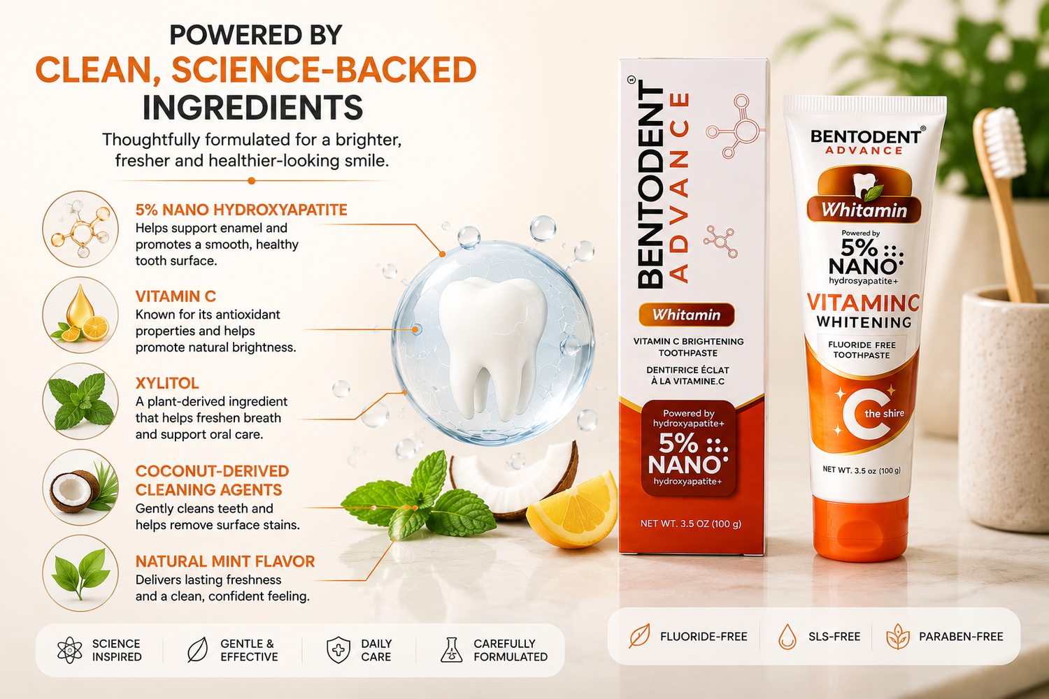 BENTODENT Advance Whitamin, 5% Nano Hydroxyapatite with Bentonite clay , Fluoride Free Nano Hydroxyapatite Toothpaste, Appropriate for Sensitive Teeth - for Adult Oral Care, Fresh Breath, Teeth Whitening 3.5 oz