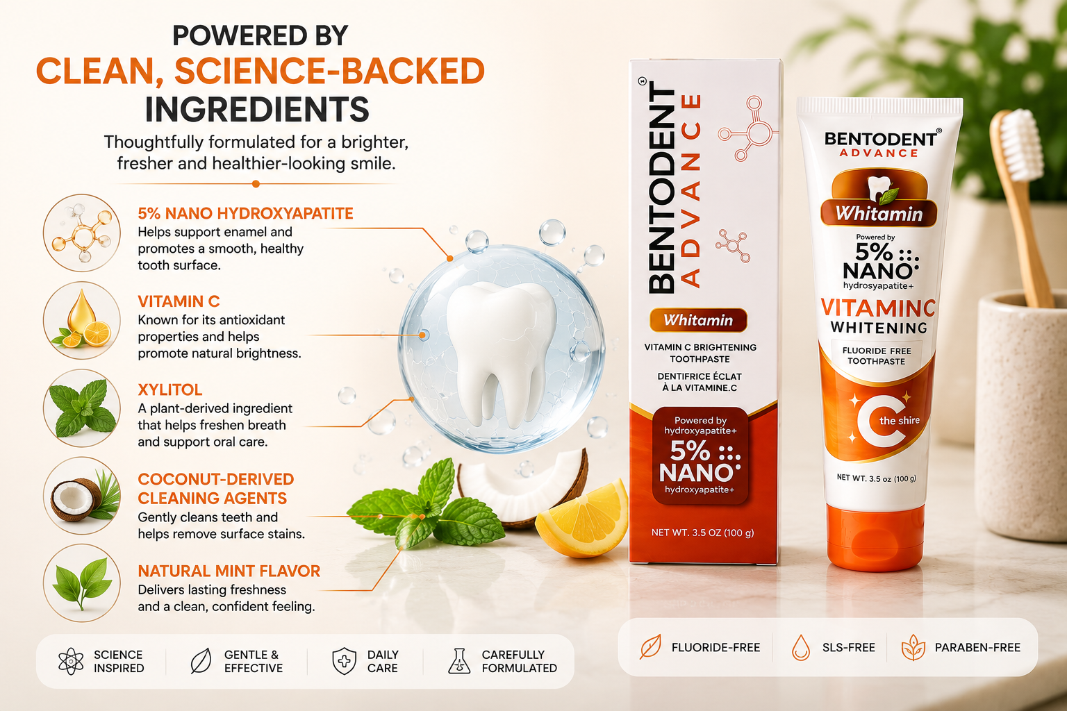 BENTODENT Advance Whitamin, 5% Nano Hydroxyapatite with Bentonite clay , Fluoride Free Nano Hydroxyapatite Toothpaste, Appropriate for Sensitive Teeth - for Adult Oral Care, Fresh Breath, Teeth Whitening 3.5 oz
