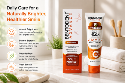 BENTODENT Advance Whitamin, 5% Nano Hydroxyapatite with Bentonite clay , Fluoride Free Nano Hydroxyapatite Toothpaste, Appropriate for Sensitive Teeth - for Adult Oral Care, Fresh Breath, Teeth Whitening 3.5 oz