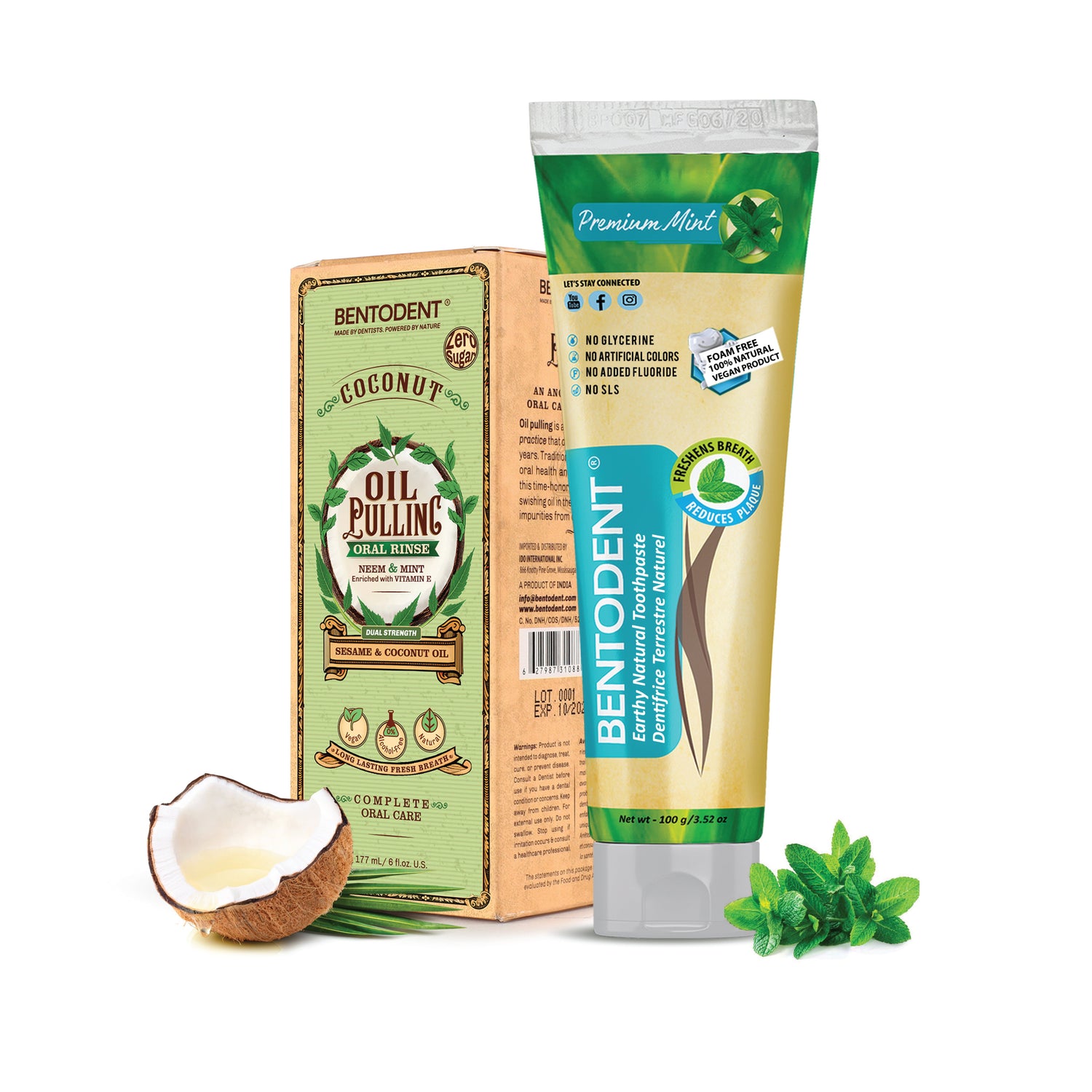 Bentodent Coconut Oil Pulling, Powerful Neem &amp; Mint, Dual Strength of Sesame &amp; Coconut Oil, Oil Pulling rinse for teeth &amp; gums, Zero Sugar &amp; No Alcohol mouthwash for Fresh Breath &amp; Whitening,6 fl. oz.