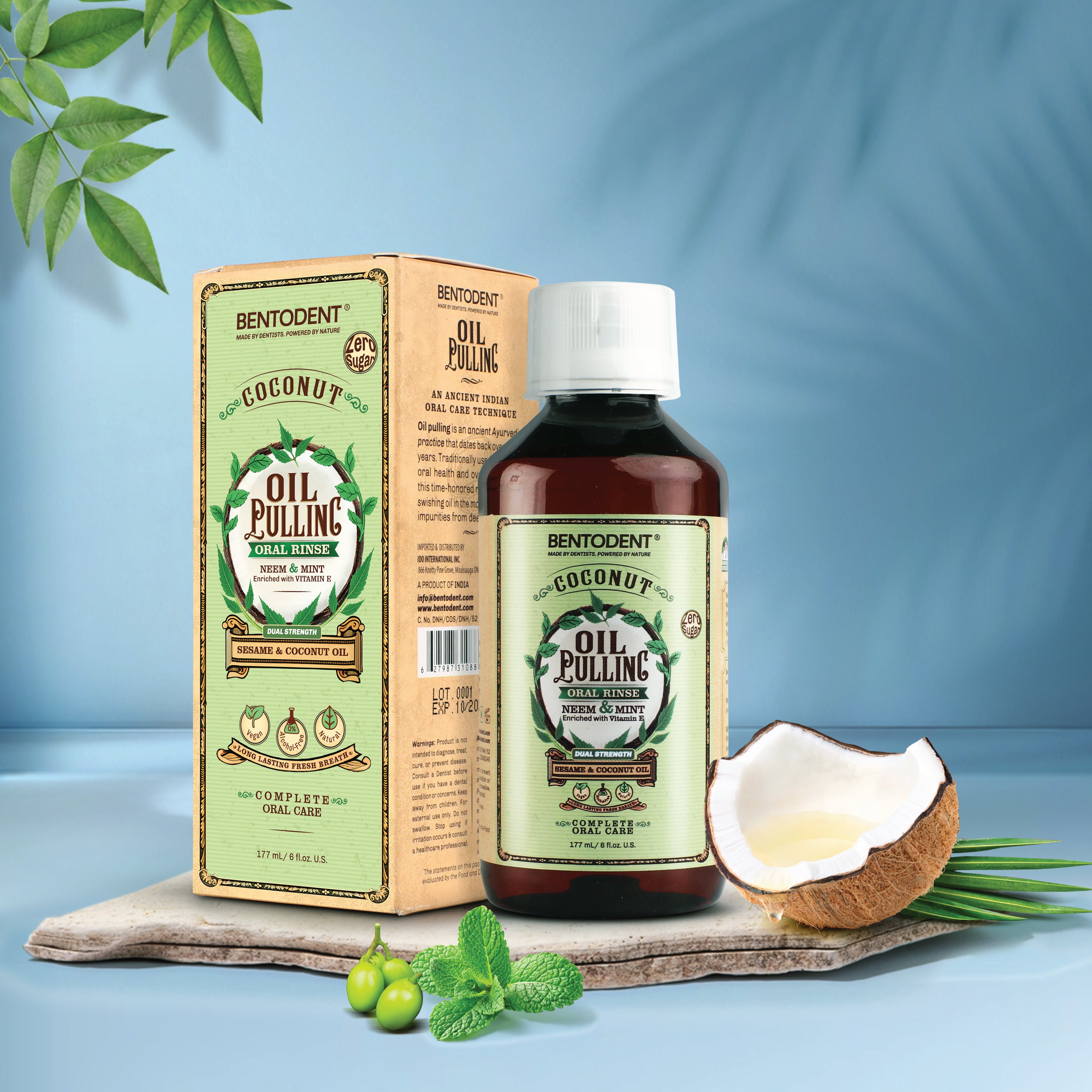 Bentodent Coconut Oil Pulling, Powerful Neem &amp; Mint, Dual Strength of Sesame &amp; Coconut Oil, Oil Pulling rinse for teeth &amp; gums, Zero Sugar &amp; No Alcohol mouthwash for Fresh Breath &amp; Whitening,6 fl. oz.