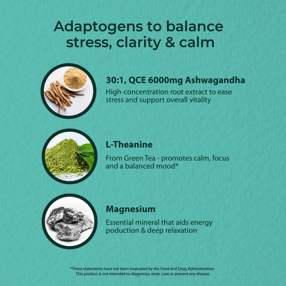 Ashwagandha Tri Formula QCE 30:1 6000 mg- 200mg,L-theanine 200mg, Magnesium 75mg