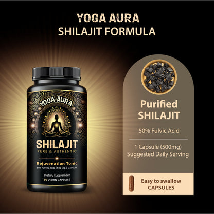 Yoga Aura 100% Pure Shilajit – 500 mg, 50% Fulvic Acid | Lab-Tested with COA | Canada &amp; USA
