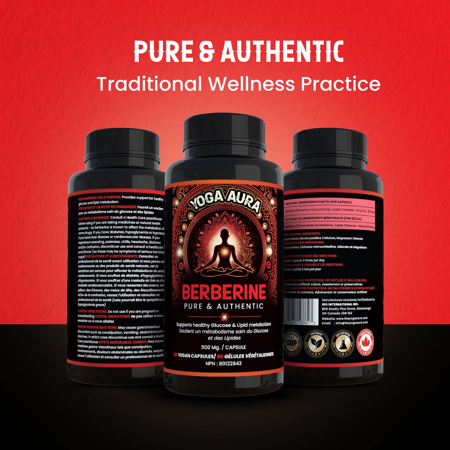 Yoga Aura 100% Pure Berberine – 500 mg of clinically studied berberine HCl, Lab tested, non-GMO &amp; vegan